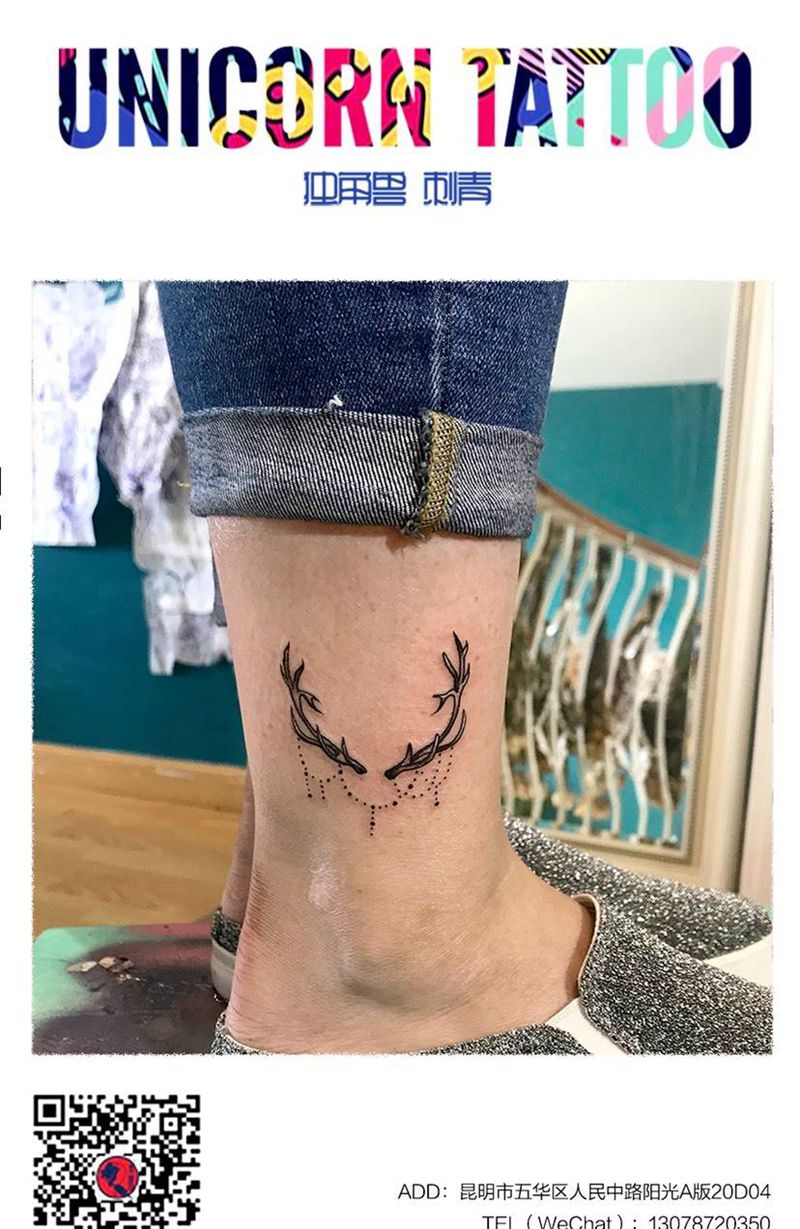 鹿角纹身图片_腿部纹身图案
