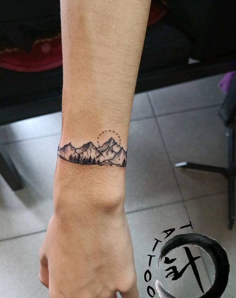 手环纹身图片_手臂手部点刺几何手环山水纹身图案