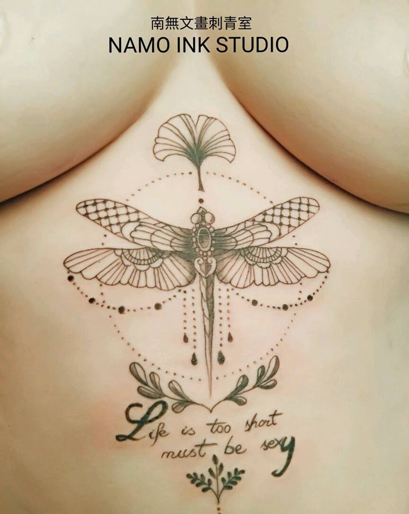 蜻蜓纹身图片_腹部清新几何动物植物成品手稿纹身图案