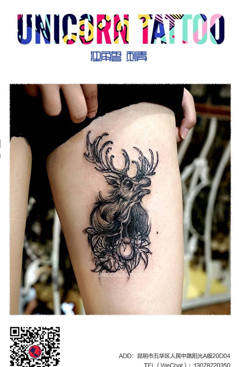 鹿纹身图片_成品腿部动物纹身图案