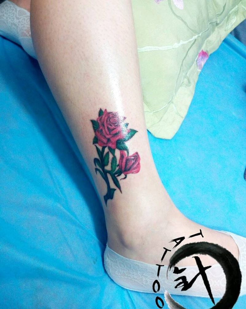 #玫瑰#纹身图片_腿部欧美清新写实植物原创小小白刺塔图*针成品纹身图案