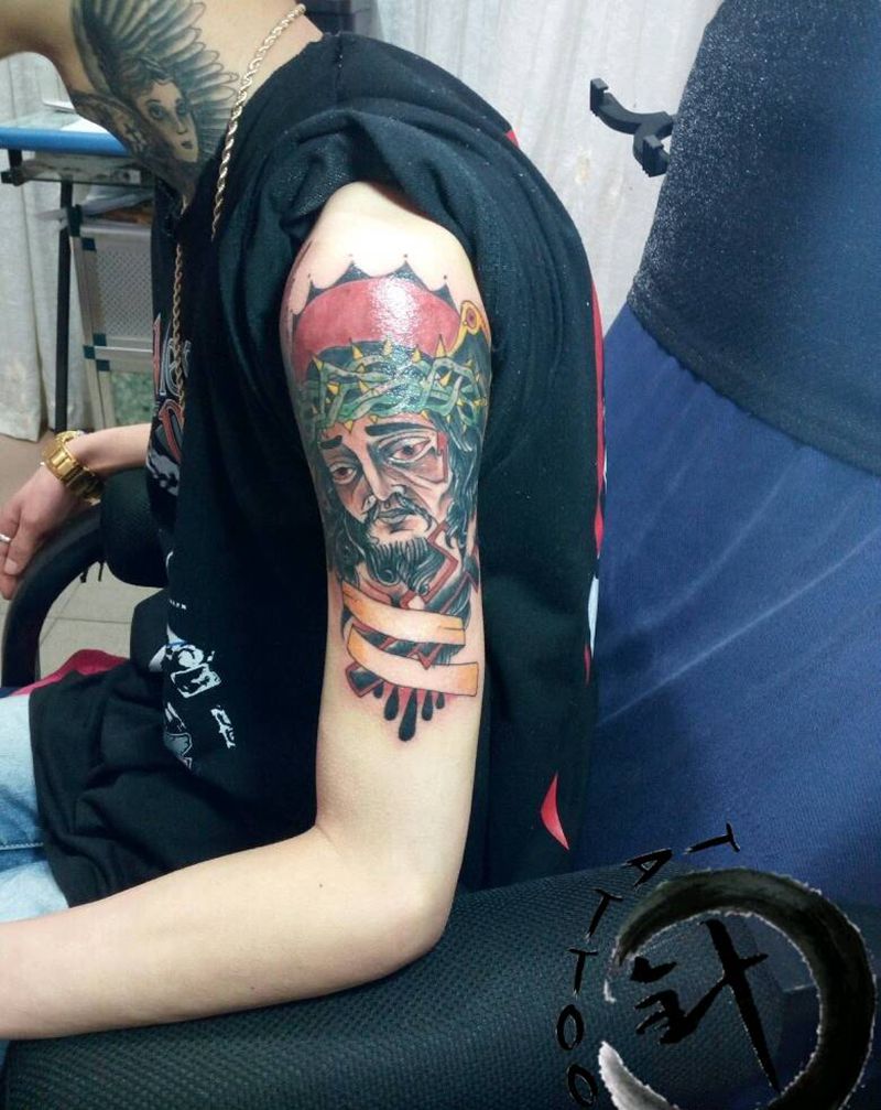 #耶稣#纹身图片_手臂欧美宗教原创小白刺青塔图~针成品纹身图案