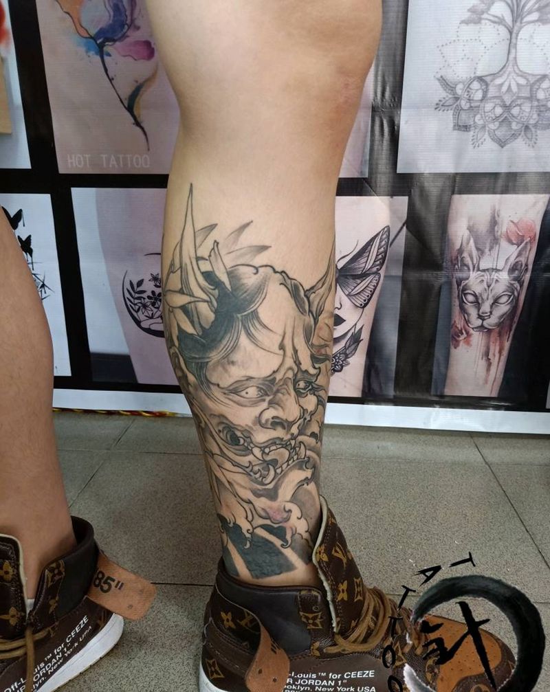 般若‖恢复后纹身图片_腿部传统鬼神原创小小白刺塔图~针恢复后成品纹身图案