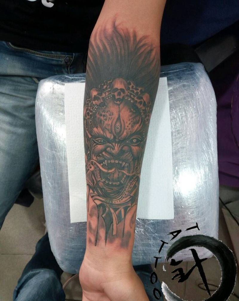 大黑天||遮盖纹身图片_手臂传统鬼神原创小白刺青塔图~针遮盖成品纹身图案