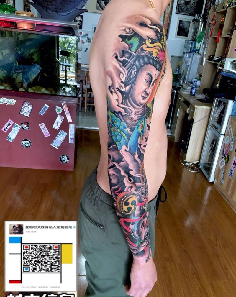 佛花臂纹身图片_成品手臂传统宗教纹身图案