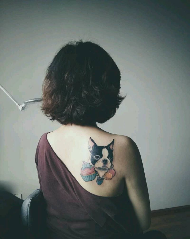 波士顿梗纹身图片_肩部背部欧美动物法斗法斗狗成品手稿纹身图案