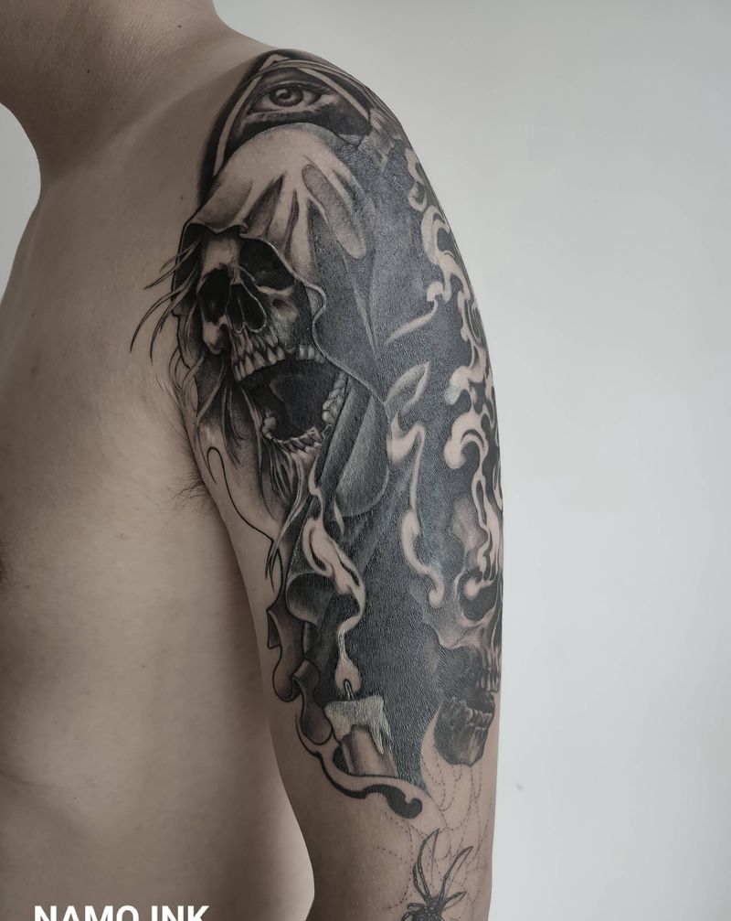 死神遮盖图腾纹身图片_手臂欧美写实纹身图案