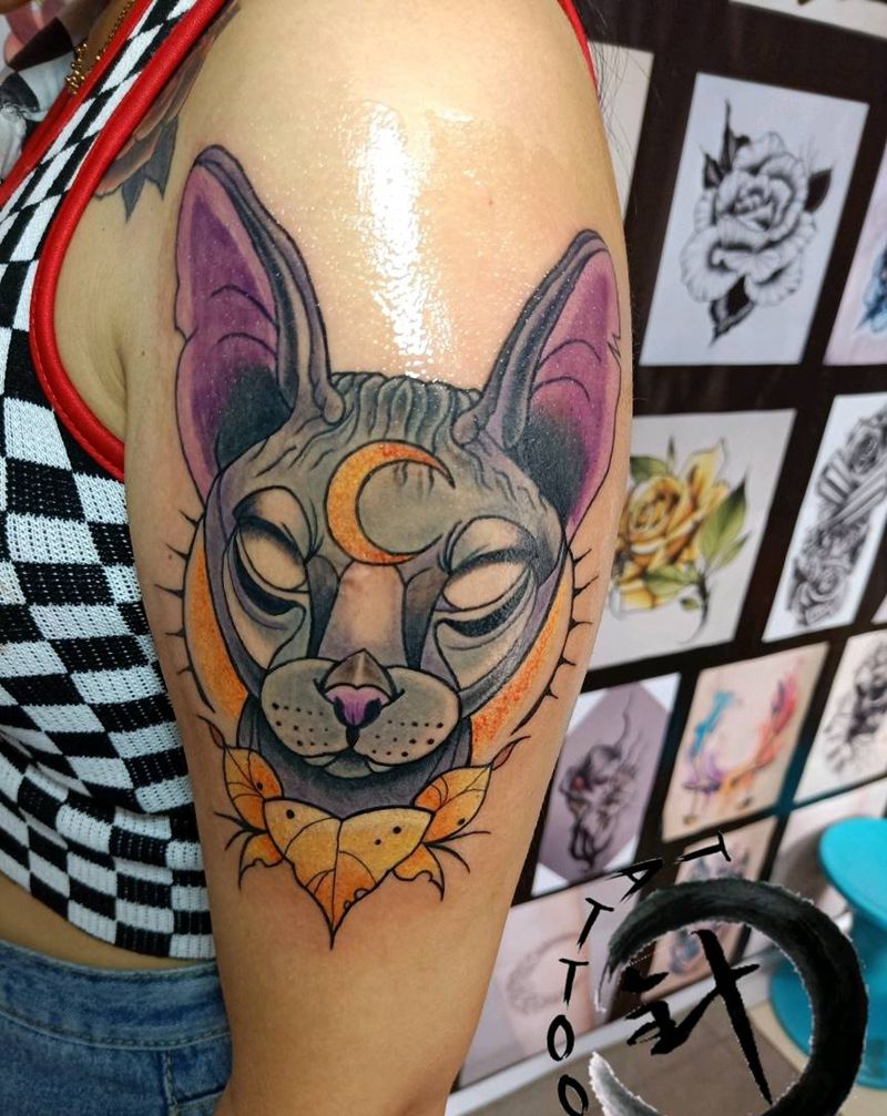 斯芬克斯喵纹身图片_手臂New School猫纹身图案