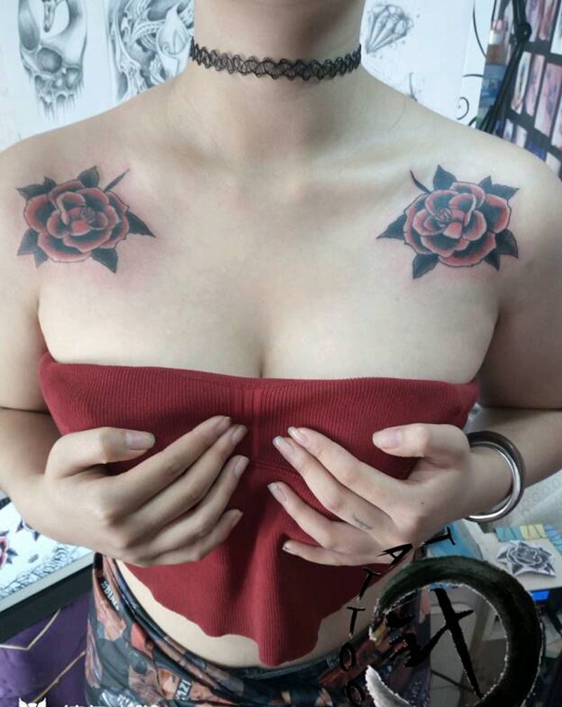 玫瑰纹身图片_肩部清新植物原创小白刺青塔图~针成品纹身图案