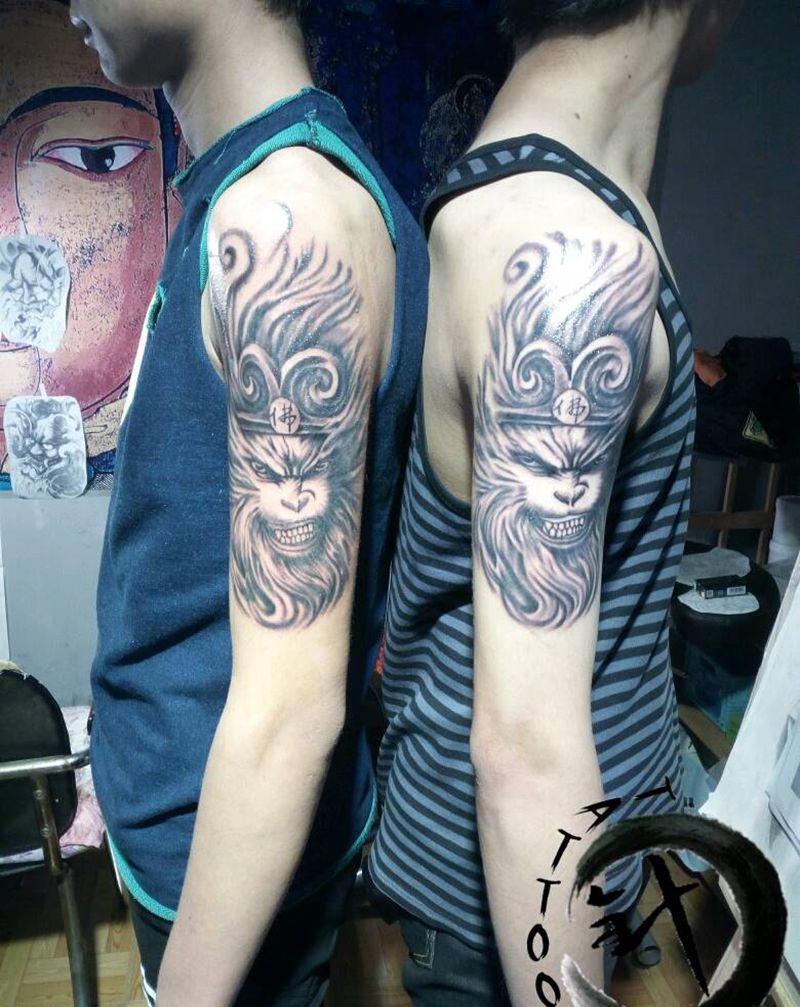 猴子纹身图片_手臂传统人物小白刺青塔图~针成品纹身图案