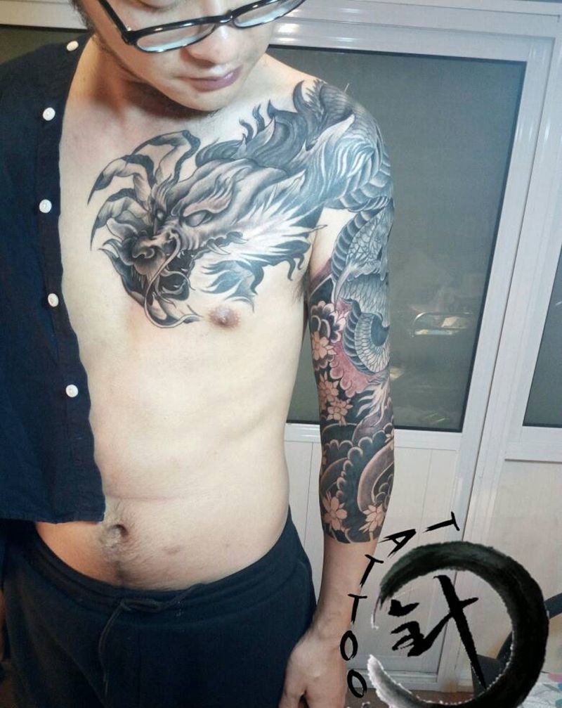 #恢复后||添加#纹身图片_肩部胸部手臂传统动物原创小白刺青塔图~针成品纹身图案