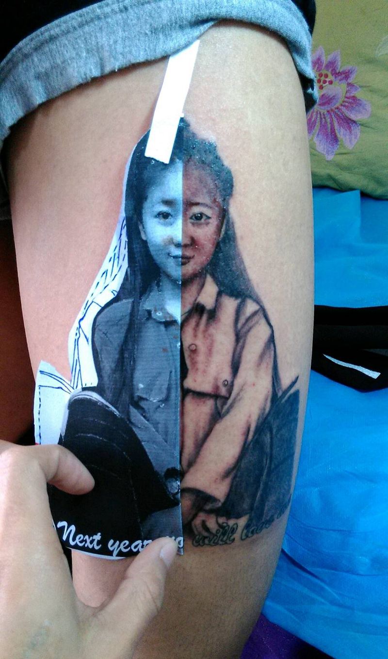 肖像纹身图片_腿部肖像人物原创小白刺青塔图 针成品纹身图案