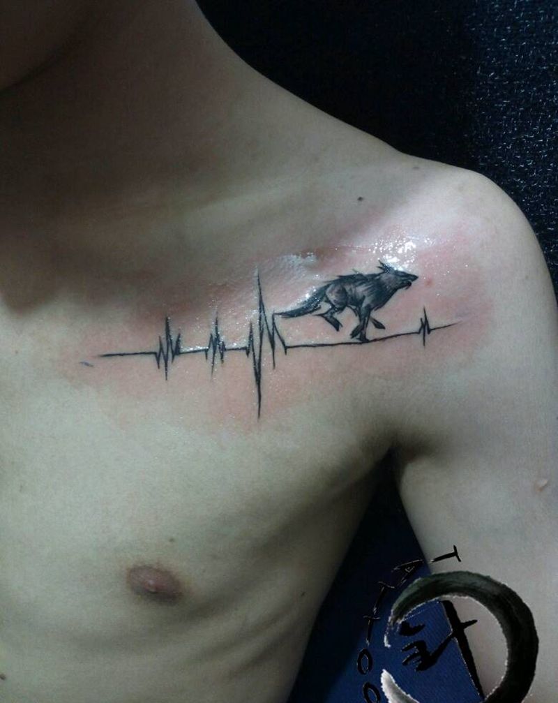 狼||心电纹身图片_胸部清新几何动物原创小白刺青塔图 针成品纹身图案