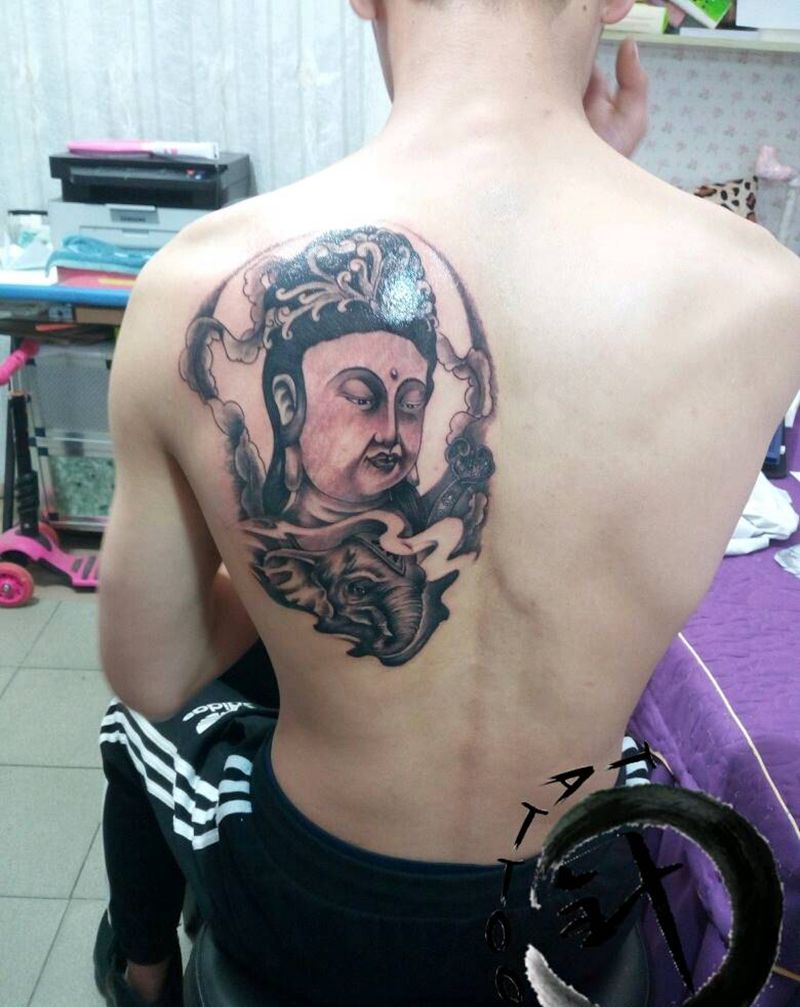 #菩萨#纹身图片_背部传统人物宗教原创小白刺青塔图~针成品纹身图案