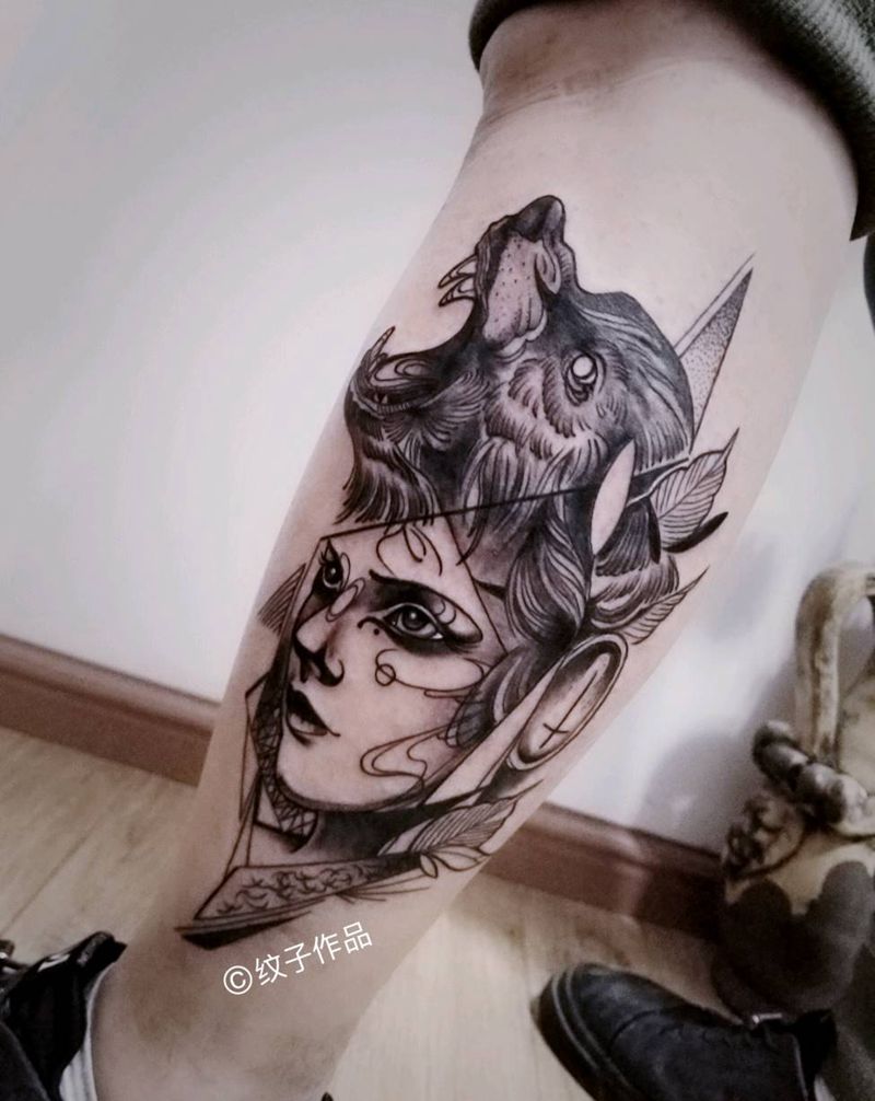 狼头美女纹身图片