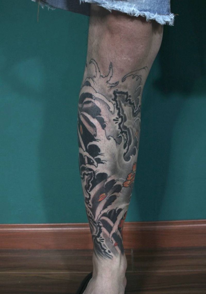 浪花腿纹身图片_浪花纹身图案