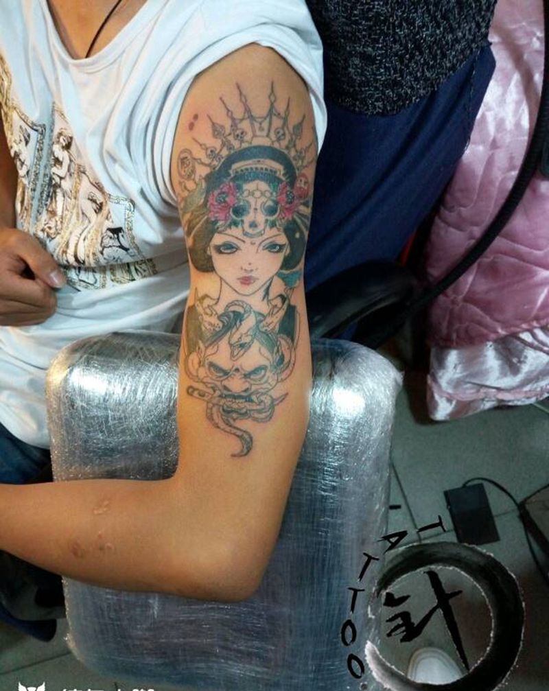 艺妓纹身图片_手臂传统人物原创小白刺青塔图 针成品纹身图案