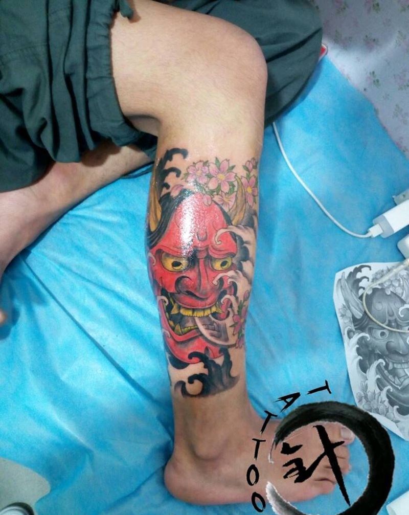 般若纹身图片_腿部传统人物原创小白刺青塔图~针成品纹身图案