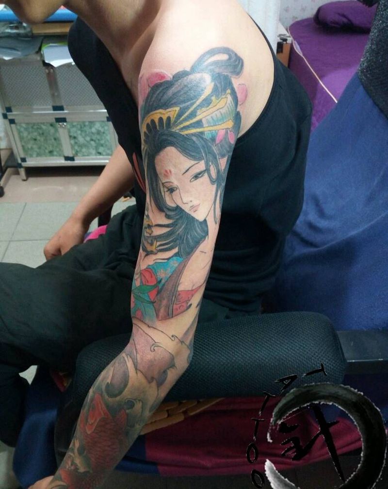 艺妓纹身图片_手臂传统人物原创小白刺青塔图~针遮盖成品纹身图案