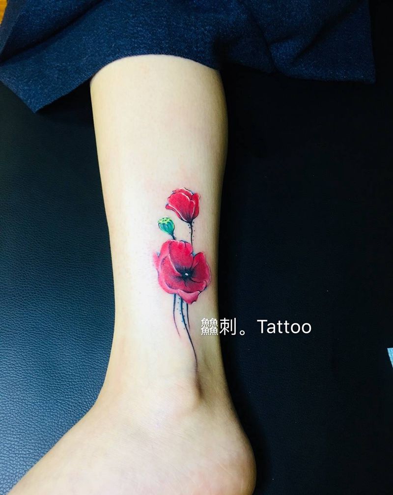 手绘罂粟纹身图片_成品脚部清新植物原创纹身图案