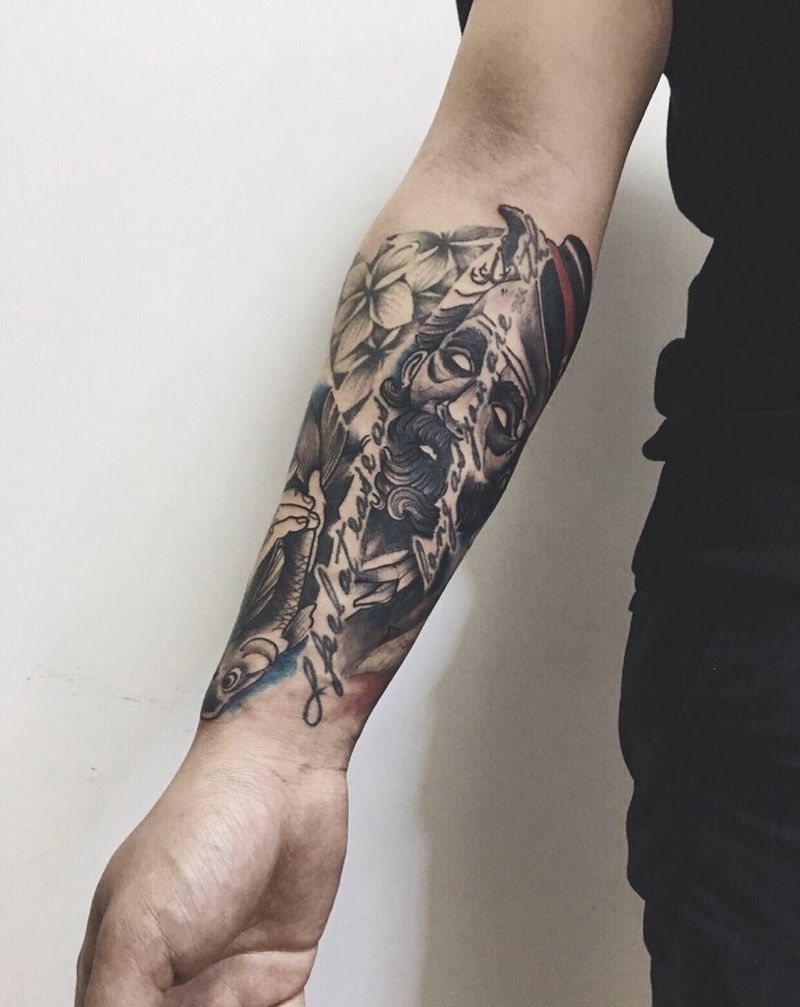 抓鱼老爷纹身图片_成品欧美动物人物手臂纹身图案