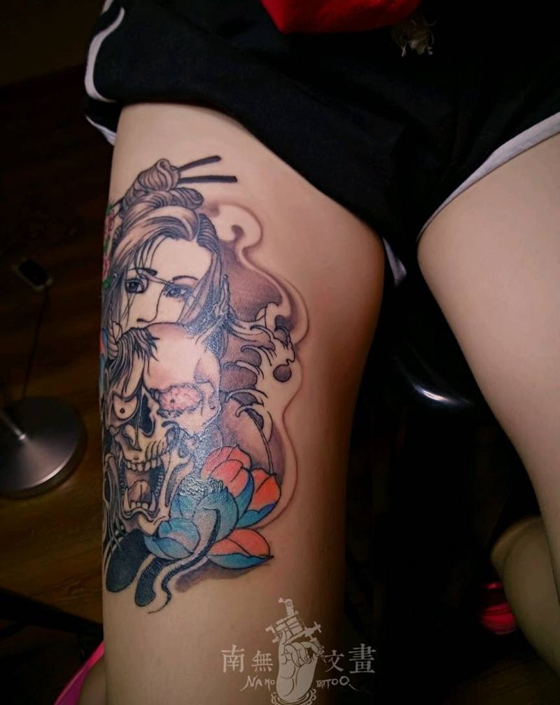 般若艺伎纹身图片_腿部传统人物鬼神般若艺伎荷花成品纹身图案