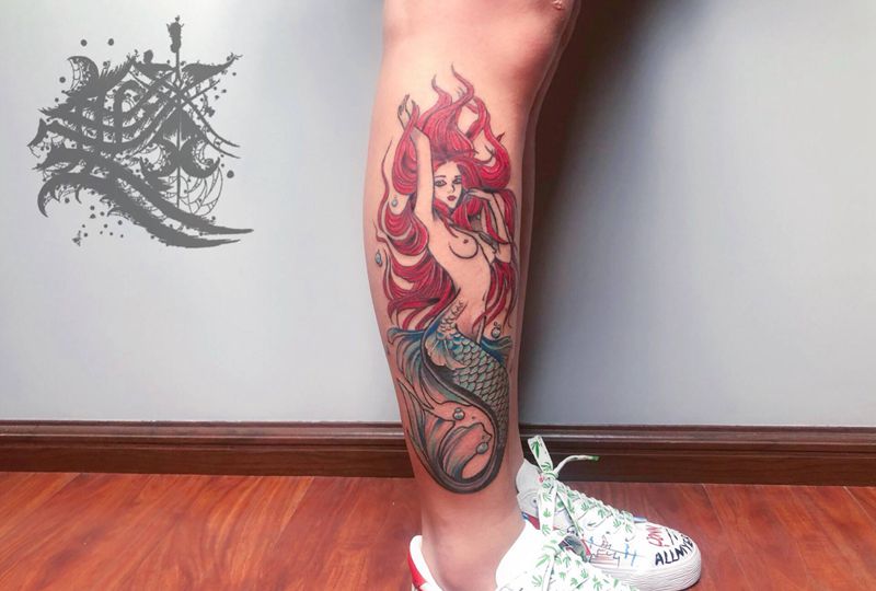 美人鱼纹身图片_腿部纹身图案