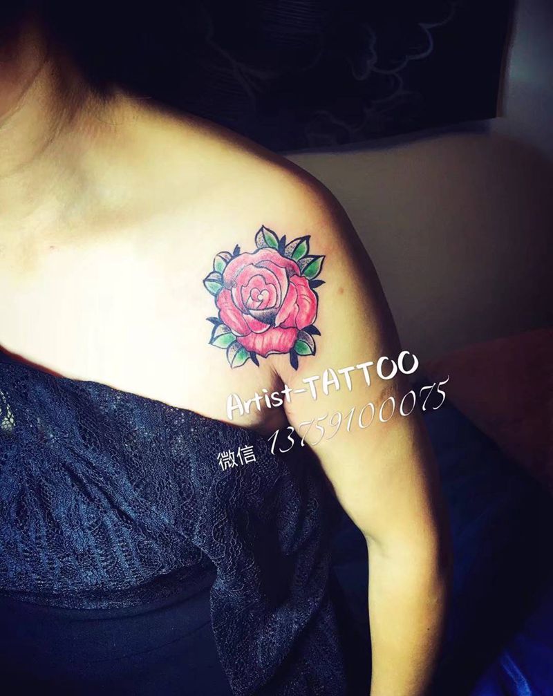 玫瑰纹身图片_肩部New School纹身图案