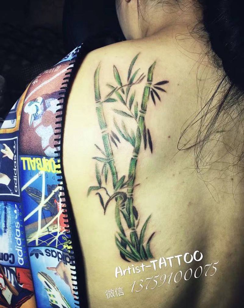 竹子纹身图片_背部水墨新传统纹身图案