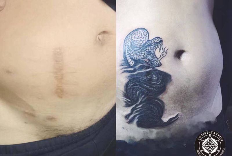 遮疤纹身图片_腹部图腾纹身图案