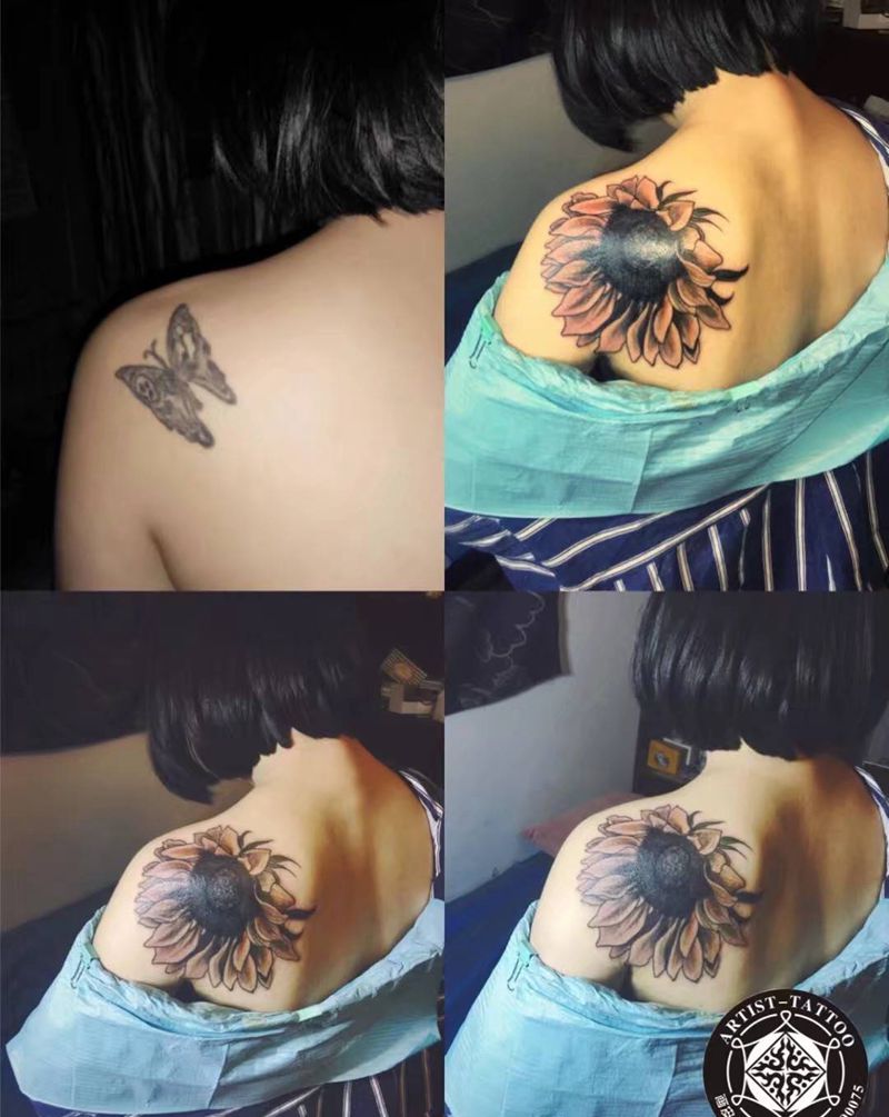 向日葵遮盖纹身图片_肩部New School纹身图案