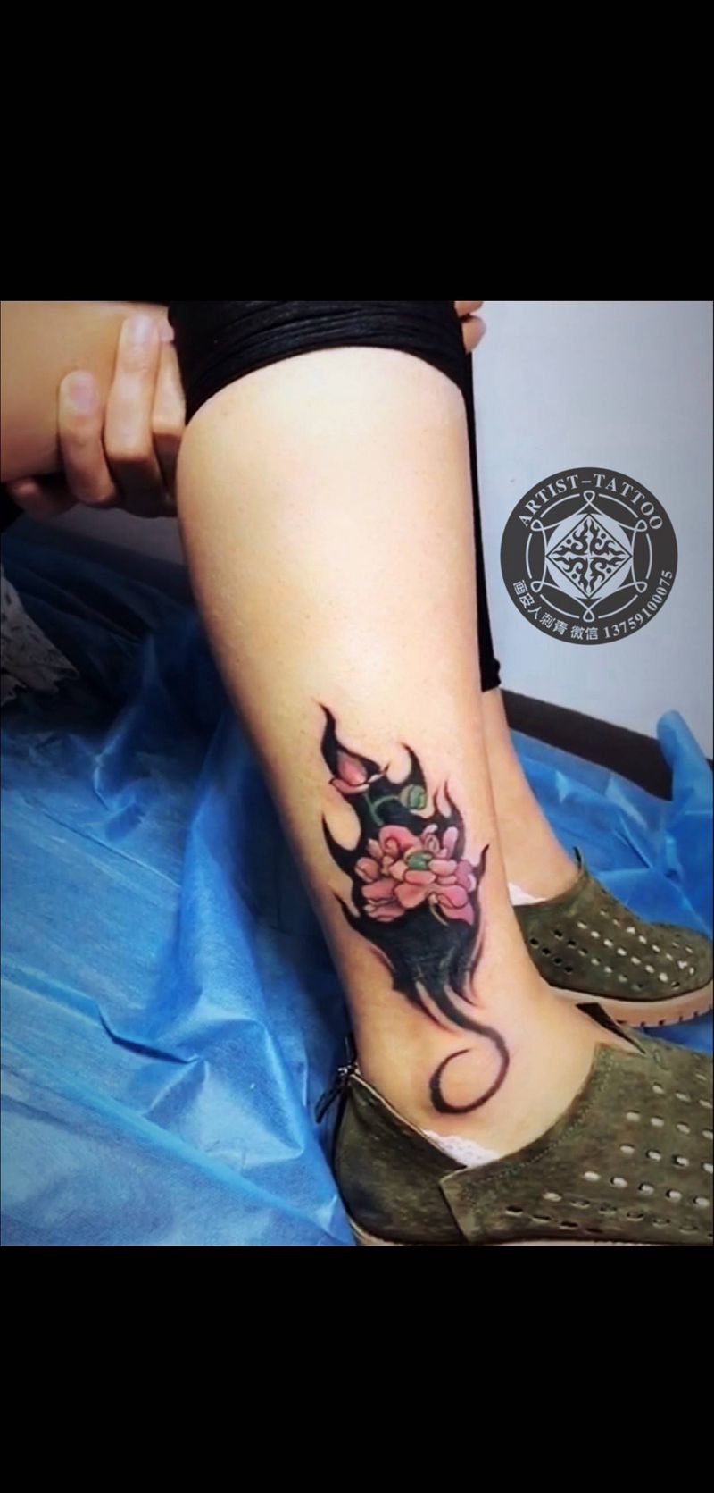 莲花遮盖纹身图片_腿部图腾新传统纹身图案