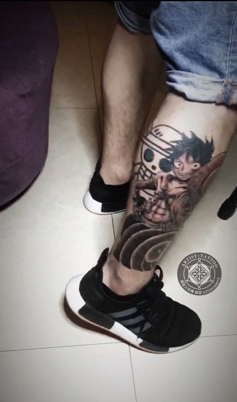 路飞纹身图片_腿部老传统欧美写实纹身图案