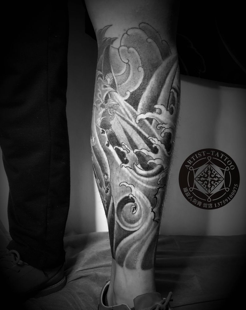 浪花腿纹身图片_腿部老传统新传统纹身图案
