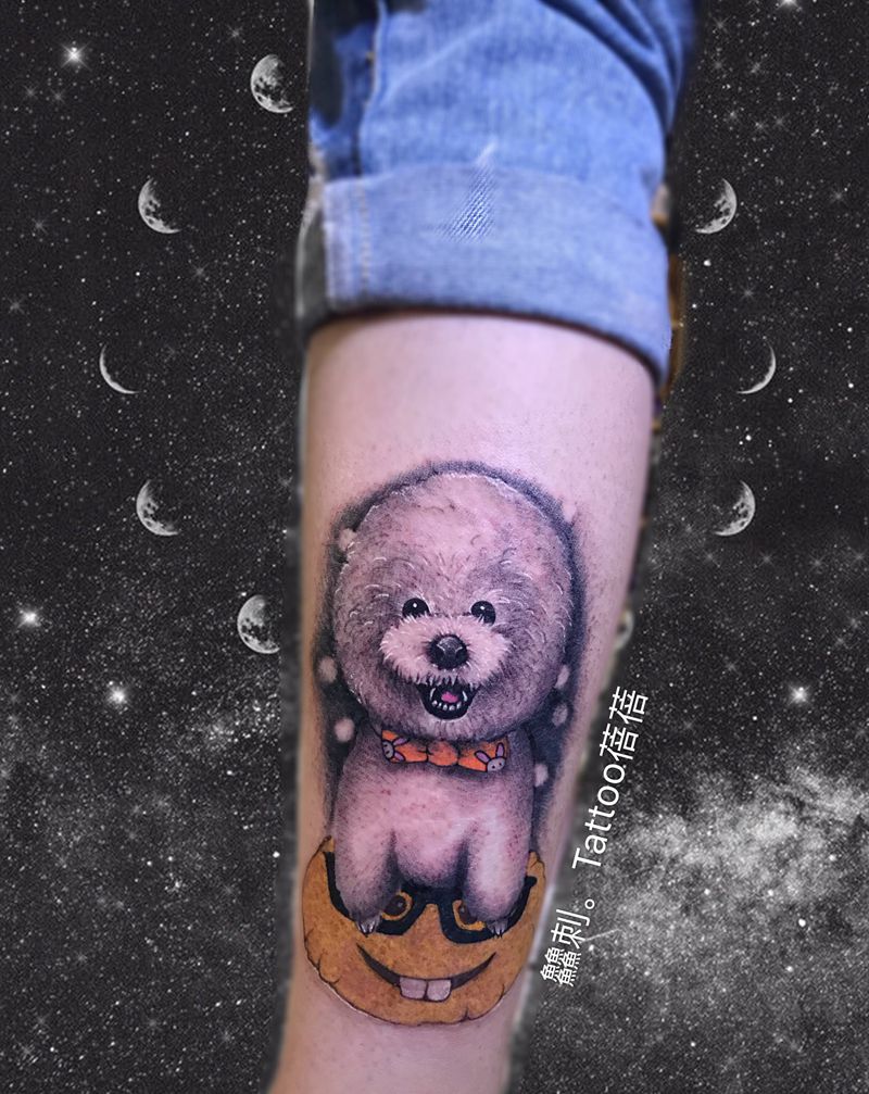 狗狗纹身图片_腿部纹身图案