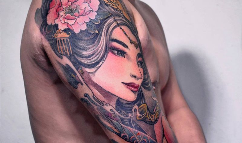 成品。国色天香纹身图片_新传统艺妓纹身图案