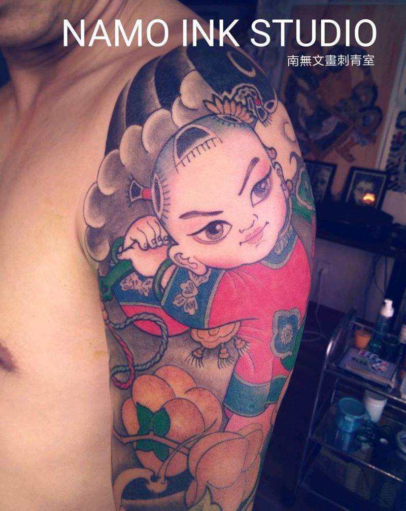 福娃花臂纹身图片_手臂老传统纹身图案