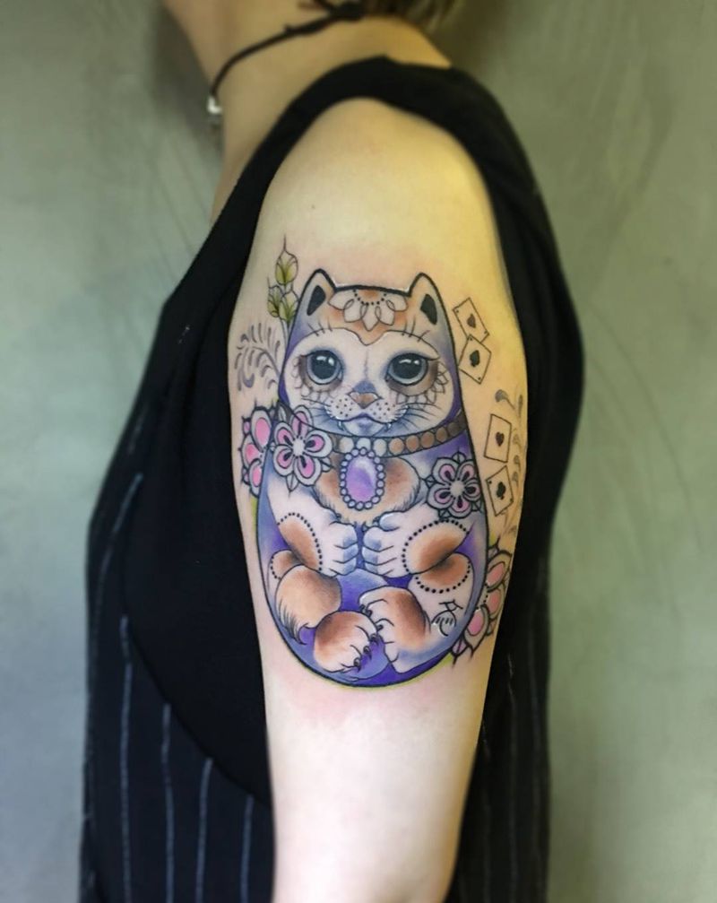 喵纹身图片_成品手臂清新几何动物纹身图案