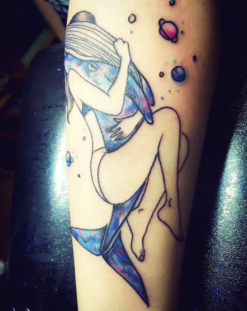 女孩鱼鲸纹身图片_原创成品手臂人物几何动物纹身图案