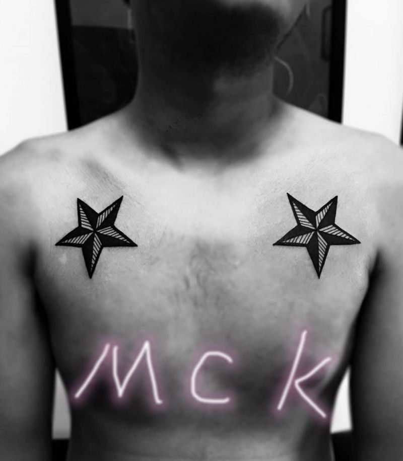 双星。纹身图片_成品肩部胸部几何图腾纹身图案