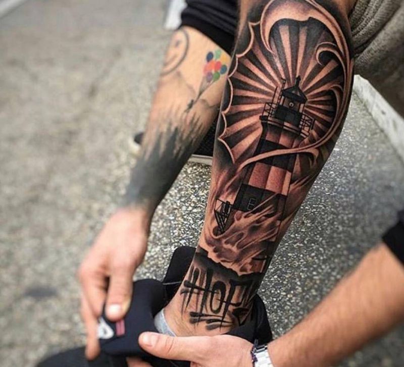 灯塔纹身图片_腿部欧美成品纹身图案