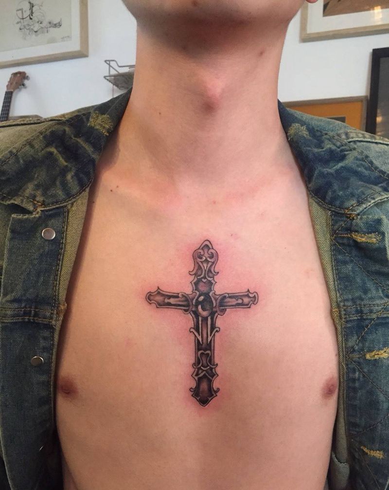 十字架纹身图片_成品胸部习俗几何字符图腾宗教纹身图案