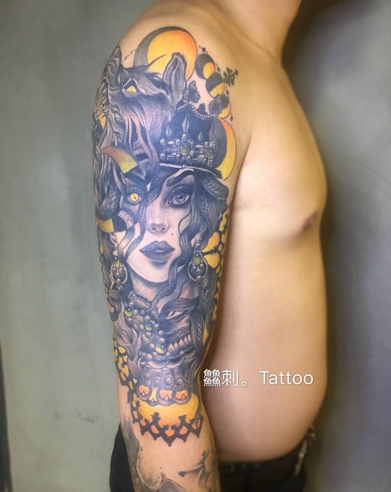 欧美风格纹身图片_成品手臂肖像欧美几何人物纹身图案