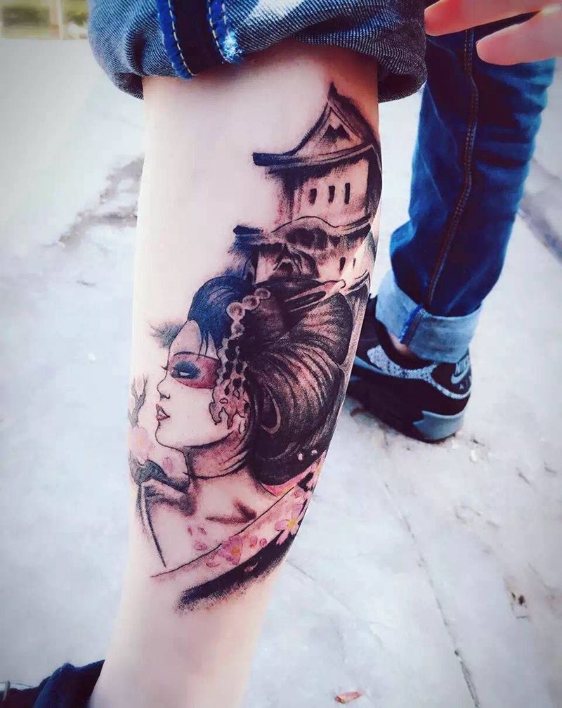 艺妓纹身图片_成品腿部人物纹身图案