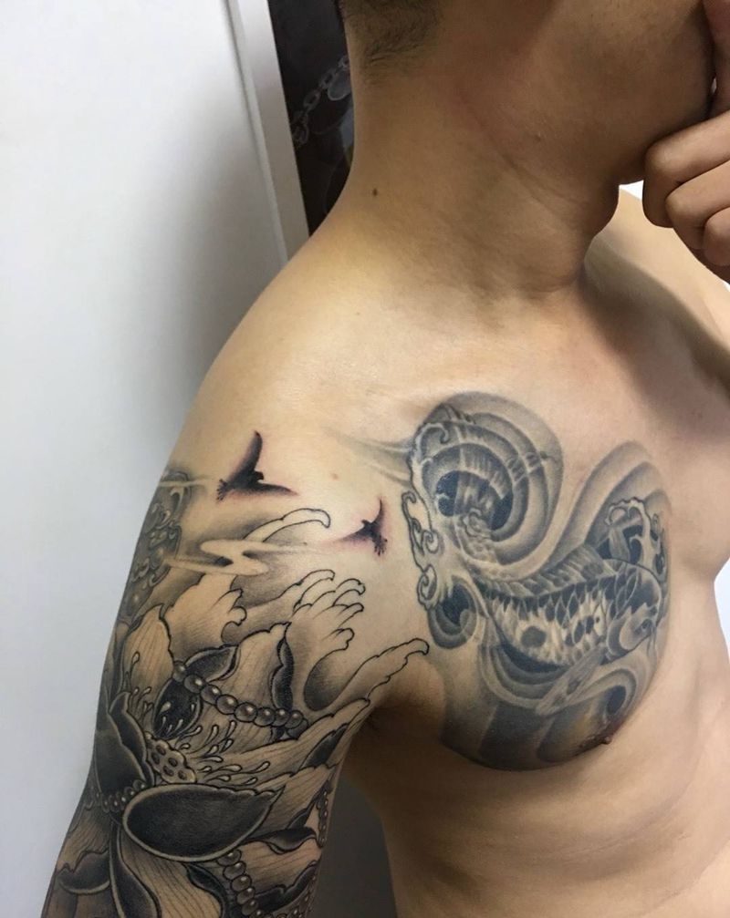 恢复后加鸟和蜻蜓纹身图片_成品手臂肩部传统原创纹身图案