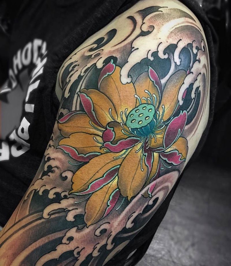 莲花纹身图片_成品手臂传统植物纹身图案