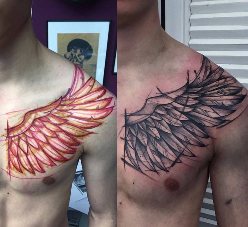 翅膀纹身图片_成品肩部胸部欧美几何纹身图案
