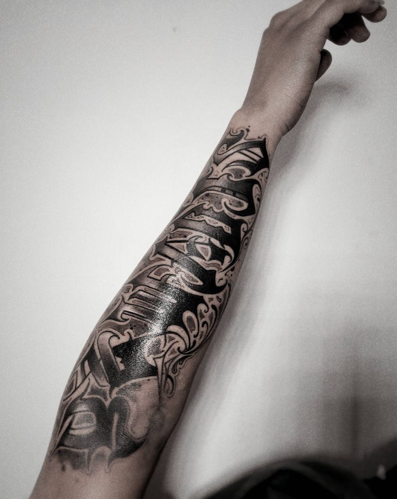 花体纹身图片_手臂花体字小臂花体奇卡诺花体字纹身图案