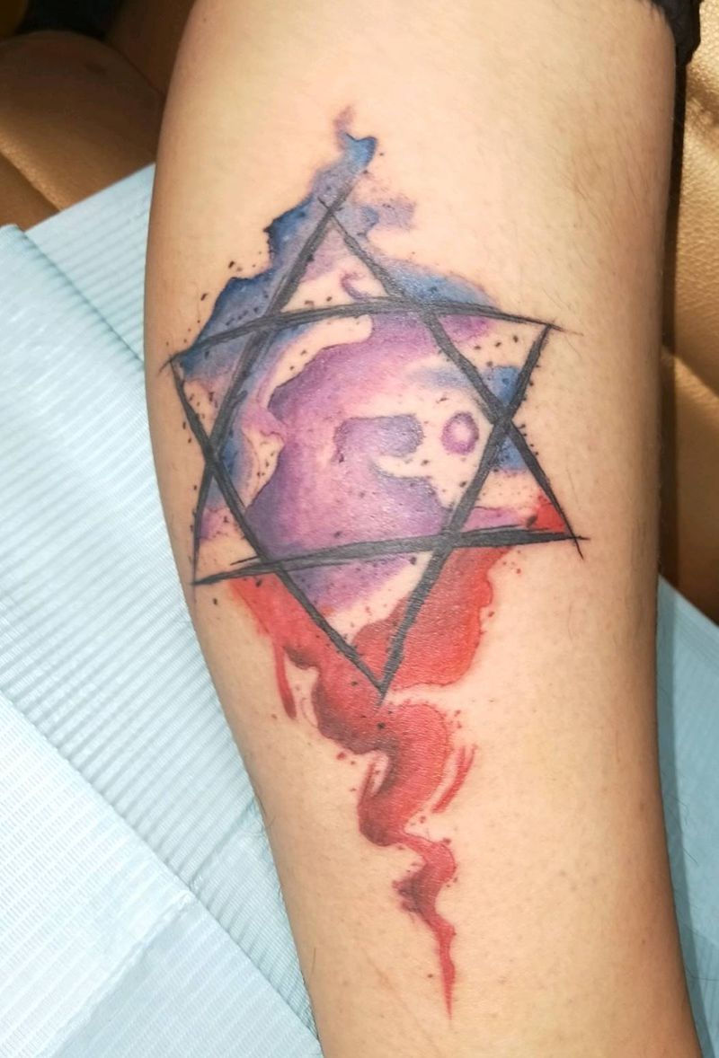 水彩六芒星纹身图片_水彩六芒星纹身图案