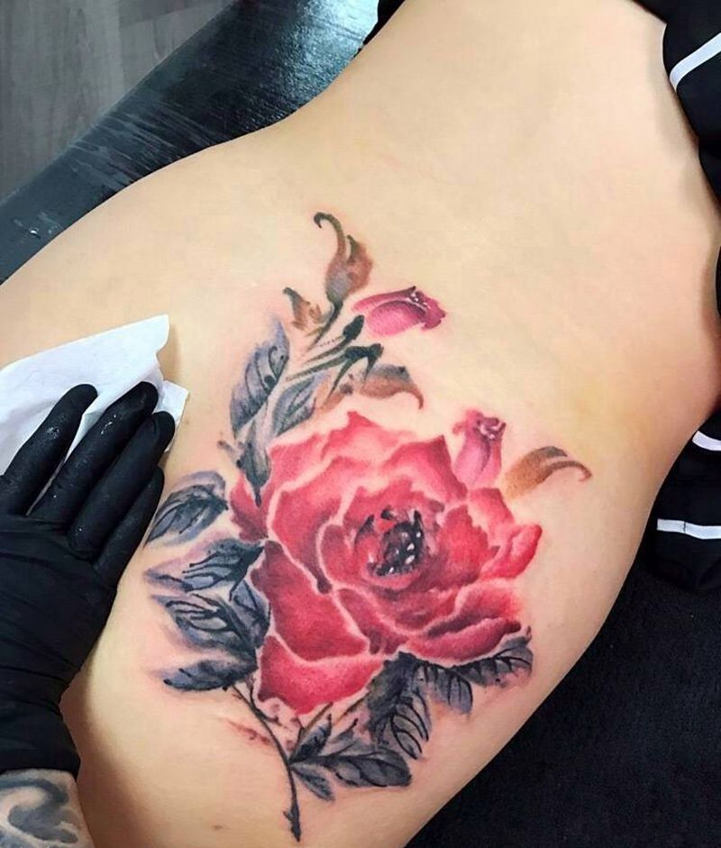 国画风-=牡丹=-纹身图片_传统植物成品国画腰部纹身图案